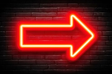 Glowing Red Neon Arrow Sign on Dark Brick Wall Background for Directional Signage and Advertising Pointing Right Navigation Concept