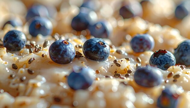 Close up of fresh oatmeal topped with blueberries and seeds for healthy eating