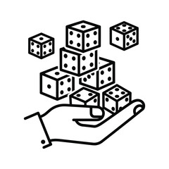 A hand tossing multiple dice, a black and white line icon representing gaming, luck, risk, and probability.