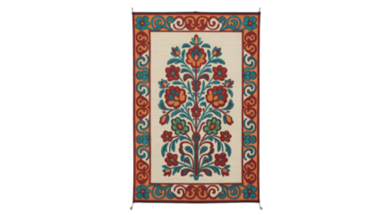 Ornate floral tapestry with intricate border and fringe detail transparent background