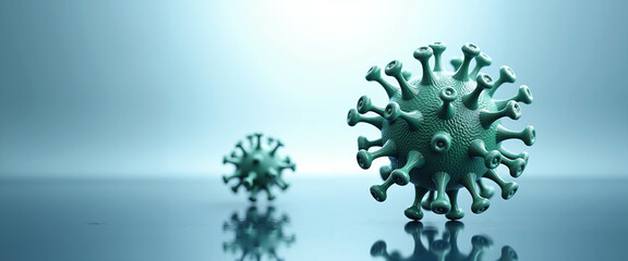 3D models of green virus particles on reflective surface symbolizing Flu vaccination  