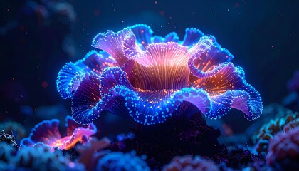 Glowing bioluminescent sea anemone with vibrant colors creates a stunning underwater fantasy landscape perfect for nature and science inspiration