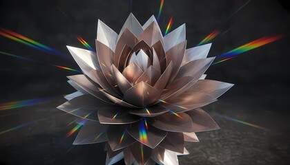 Stunning metallic lotus with vibrant rainbow prism effect, a symbol of purity, enlightenment, and rebirth for spiritual art and meditation practices