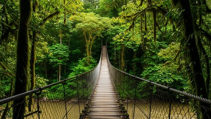 Suspension bridge crosses a lush green tropical rainforest canopy