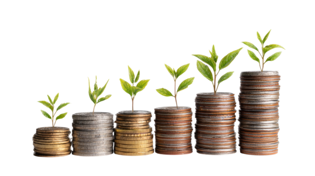 Stacks of coins with growing plant sprouts symbolizing sustainable growth, eco-friendly investment, and financial prosperity isolated on white background
