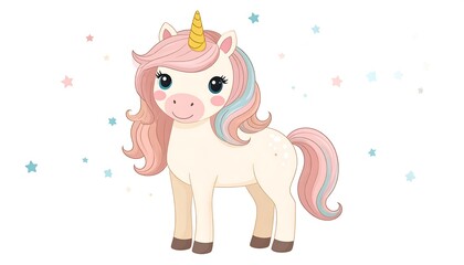 Fototapeta premium A cute cartoon unicorn with a flowing pink and blue mane, golden horn, and sparkly stars. It stands on white