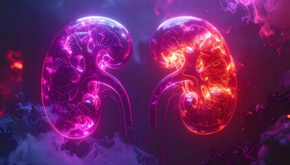 Intricate glowing kidneys in vibrant red and purple hues, a modern medical illustration, ideal for healthcare marketing or educational materials