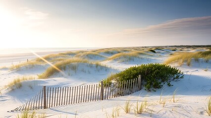 Sunny beach dunes with wooden fence and green bush