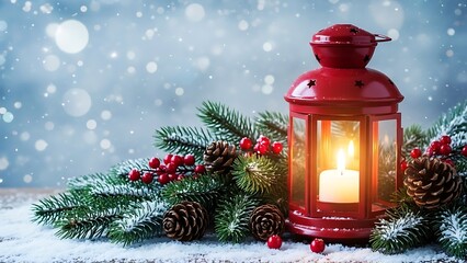 Cozy red lantern with evergreen branches and snowfall