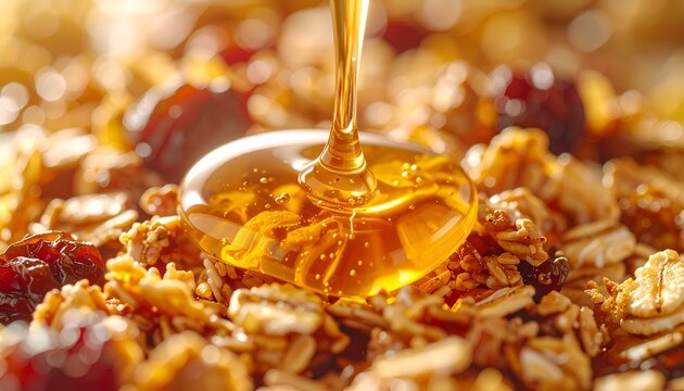 Close up of golden honey pouring over granola with dried fruit in sunlight