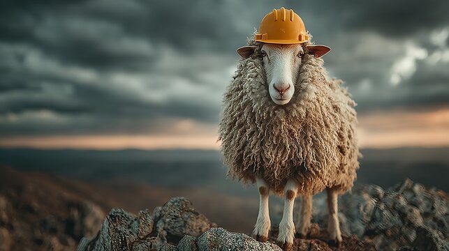 Photorealistic image of a goat wearing a bright yellow construction hard hat, standing on a rocky mountain peak at sunrise,