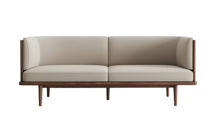 Modern two seater sofa with wooden frame and upholstered cushions transparent background