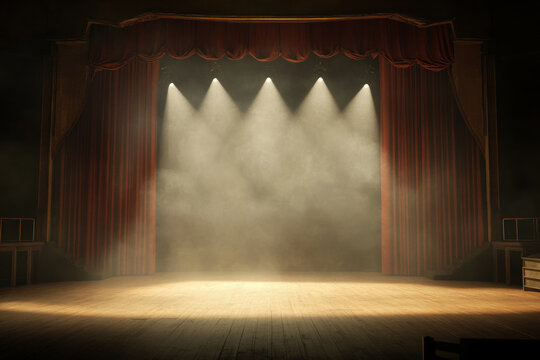 Dramatic theater stage with red curtains and bright spotlights. Theatrical stage with wooden floorboards and a red curtain, illuminated by spotlights and atmospheric haze.