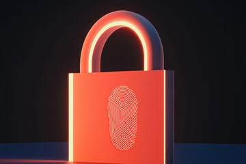 Digital security concept with fingerprint lock on a red padlock. represents data protection and access control in a digital environment.