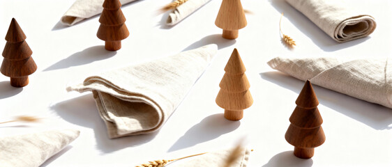 Minimalist Christmas pattern with wooden trees and linen napkins. Eco friendly holiday table setting flat lay on white background. Sustainable winter decoration banner