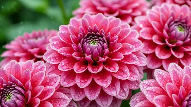 Close up of several pink dahlias with water droplets on the petals outdoors