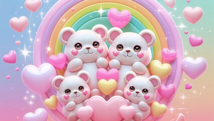 hygge-style valentine&rsquo;s day postcard featuring a cute stylized bear in warm pastel colors with soft heart elements and simple nordic decorative motifs