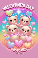 hygge-style valentine&rsquo;s day postcard featuring a cute stylized bear in warm pastel colors with soft heart elements and simple nordic decorative motifs