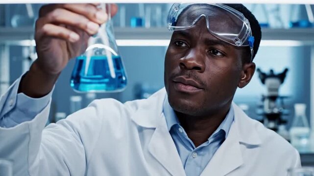 A focused scientist, clad in a white lab coat and protective eyewear, intently observes a conical flask containing a bright blue solution within a modern laboratory. This compelling video embodies the