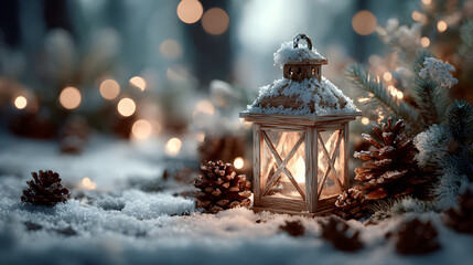Snowy Christmas scene with a candle lit Lantern in the snow with pine cones and fir branches set against a forest background with Bokeh lights Christmas card image xmas wallpaper background