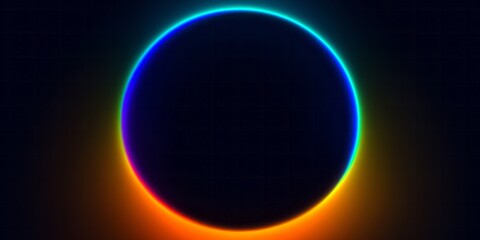 Dark circular shape emits vibrant, multicolored neon glowing rim light against a black background