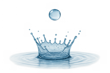 Water drop falling creating a splash and ripple crown on a transparent background illustrating freshness and purity
