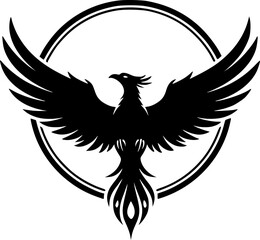 Naklejka premium Majestic Phoenix Bird Logo Design Black Silhouette with Wings Spread in a Circle 