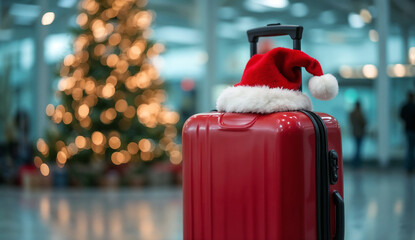 Red suitcase with Santa hat in airport with christmas tree background