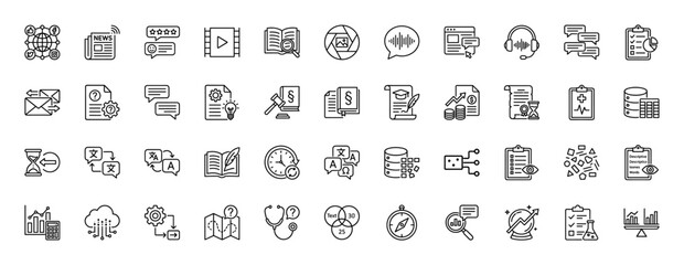Fototapeta premium Information, communication, and knowledge line icon set. Vector pictograms of research, analysis, law, and education, thin linear illustration.