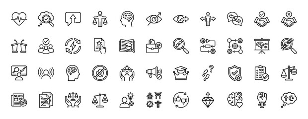 Ethics and integrity line icon set. Vector pictograms of handshake, balance, thinking, learning, and research, thin linear illustration.