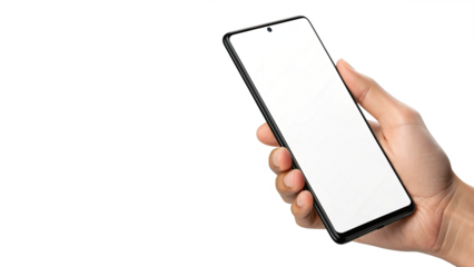 Hand Holding Modern Black Smartphone with Blank White Screen Isolated on Transparent Background