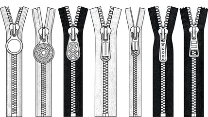 Black and White Collection of Open Zippers with Various Pullers and Teeth Styles for Clothing and Fashion Design.