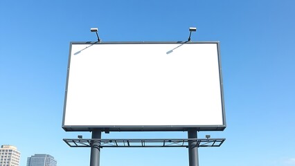 Obraz premium Empty urban billboard frame against blue sky, clean modern design with cityscape background.