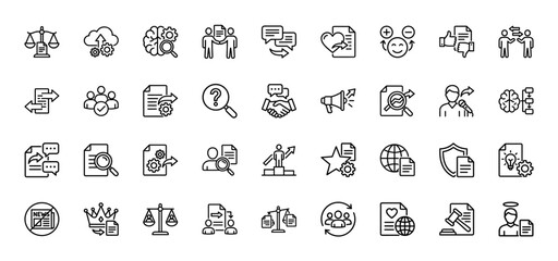Business management line icon set. Vector pictograms of handshake, teamwork, gears, legal scale, megaphone, leadership and communication, thin linear illustration.