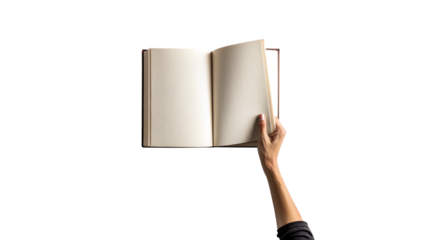 Hand Turning Blank Page of Open Book Isolated on Transparent Background