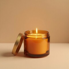 Burning Candle in Amber Glass Jar with Golden Lid Warm Glow