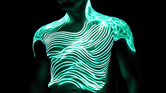 Brightly lit torso with mutations generating bioluminescent energy waves 