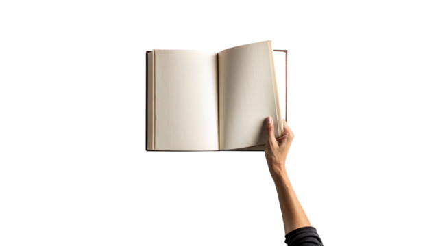 Hand Turning Blank Page of Open Book Isolated on Transparent Background