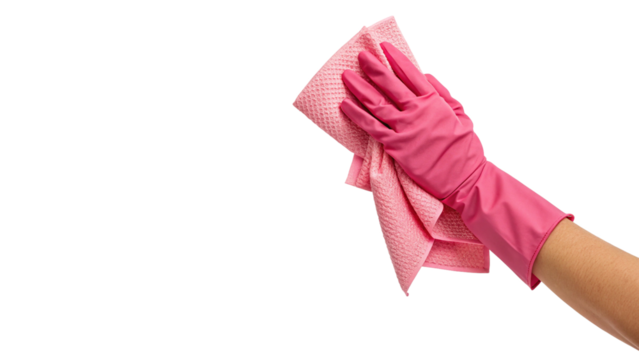 Hand in Pink Rubber Glove Cleaning with Cloth Isolated on Transparent Background