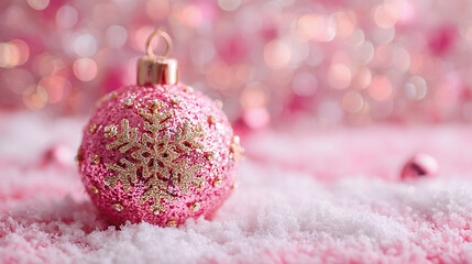 Christmas pink decoration close up, snow bokeh background. Merry Christmas and Happy Holidays greeting card, frame, banner. New Year. Noel. Winter festive xmas theme.
