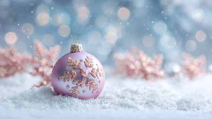 Christmas pink decoration close up, snow bokeh background. Merry Christmas and Happy Holidays greeting card, frame, banner. New Year. Noel. Winter festive xmas theme.
