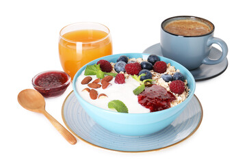 Healthy breakfast. Oatmeal with nuts, berries, yoghurt, jam, coffee and juice isolated on white