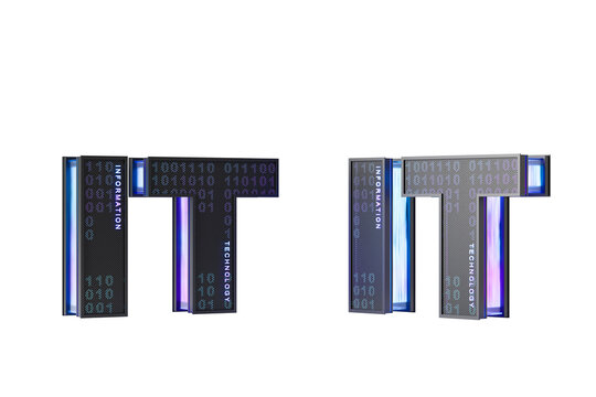 3D letters IT for Information Technology with binary code pattern and glowing light effects, isolated on white background, concept of digital innovation. 3D Rendering.