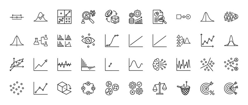 Data science and statistics line icon set. Vector pictograms of charts, graphs, and probability concepts, thin linear illustration.
