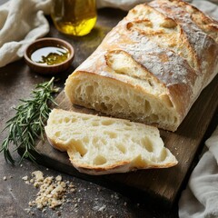 Freshly baked artisan bread loaf sliced on wooden board with olive oil  