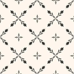 Simple minimalist floral pattern. Minimal seamless texture with small flower shapes. Abstract black and white geometric background. For print, package