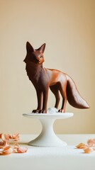 Chocolate fox sculpture on white pedestal with pastel background  