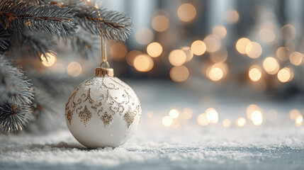Christmas white decoration ball and spruce tree close up, bokeh lights background. Merry Christmas and Happy Holidays greeting card, frame, banner. New Year. Noel. Winter festive xmas theme.
