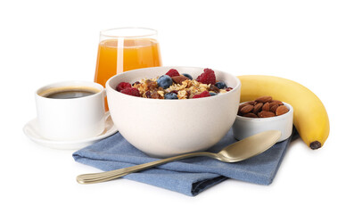 Healthy breakfast. Oatmeal with nuts, berries, banana, coffee and juice isolated on white