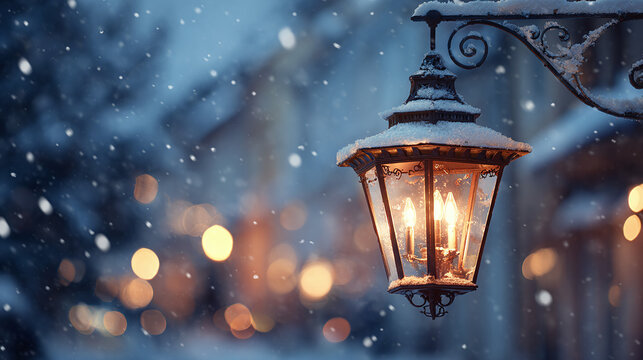 City street lamp close up, snow bokeh background. Merry Christmas and Happy Holidays greeting card, frame, banner. New Year. Noel. Winter festive xmas outdoor theme. - Powered by Adobe